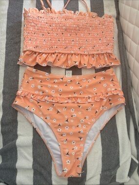 High-Waist Ruffle Bikini Set - Peach Floral